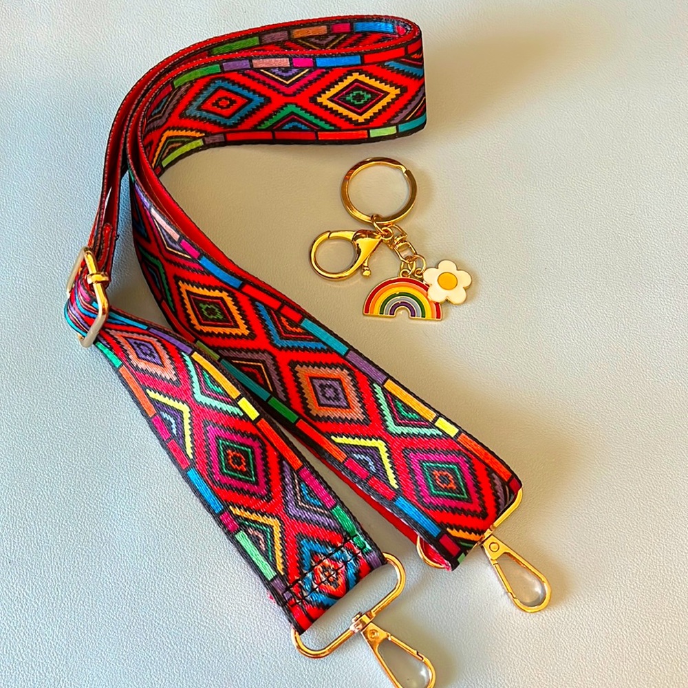 Adjustable boho colorful bag strap with rainbow daisy keychain